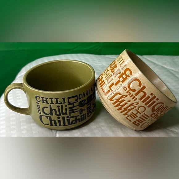 Large Stoneware Soup Mug Cup with Handle, Set of 2 Green and tan. 16 ounces - Picture 1 of 9